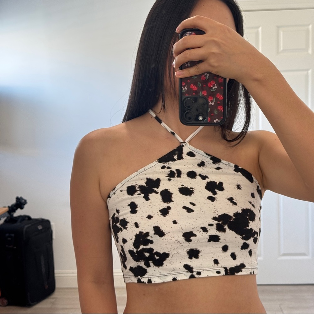 Motel Rocks Black & White Cow Print Halter Crop Top